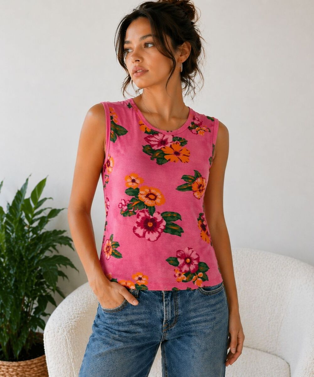 Vintage GAP Tank Top Y2K Pink Retro Floral Cotton 2000 Sz L